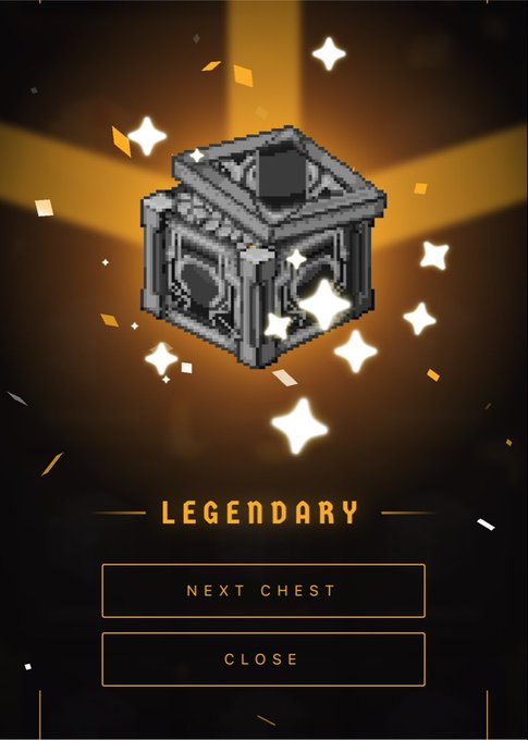 A pixel-art legendary loot chest with golden sparkles glows above "NEXT CHEST" and "CLOSE" buttons, illustrating the rewards users can claim by signing up at lobby.cambria.gg with code "Jayne" for the Cambria airdrop.