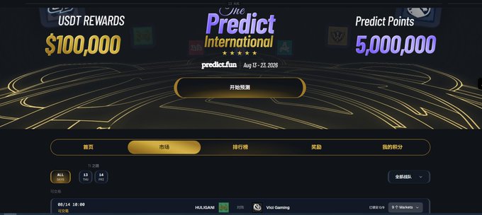 A dark web interface for 'The Predict International' by 'predict.fun' displays '$100,000 USDT REWARDS' and 'Predict Points 5,000,000' with Chinese navigation tabs.