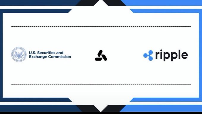 A graphic displaying logos for the U.S. Securities and Exchange Commission (SEC), an arbitration/mediation symbol, and Ripple, framed by a blue and black border.