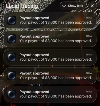 A smartphone screen shows five consecutive notifications from Lucid Trading, each stating "Payout approved: Your payout of $3,000 has been approved," visually confirming the post's claim of $15,000 paid out in total.
