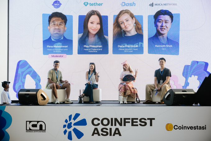 A panel discussion at CoinFest Asia featuring speakers Pinta Maheshwari (Head of Acceleration and Business), Pixy Priyatman (Head of Marketing, Indonesia), Daria Chemezova (Global Advisor at NextGen SE Asia), and Kenneth Shick (CEO), with logos for MOI, Tether, Dash, and MOCA Network displayed above.