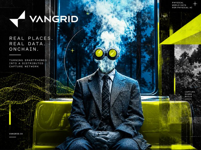 A promotional graphic for "VANGRID" featuring a figure in a grey suit with glowing goggles whose head is replaced by blue smoke, with the text "REAL PLACES. REAL DATA. ONCHAIN."