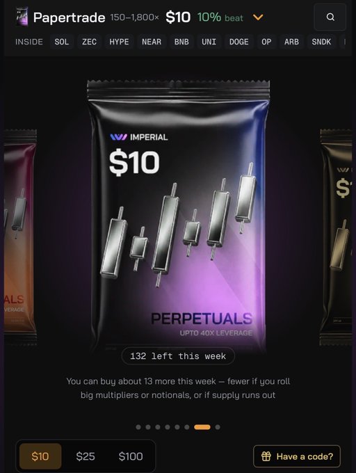 The image shows a promotional pack from Papertrade featuring "Imperial Perpetuals" trading product with $10 pricing, 10% beat discount, and up to 40X leverage, noting "132 left this week." The accompanying post announces the launch of this special fan pack collaboration between @papertrade_xyz and @ImperialPerps, encouraging followers to purchase before supplies run out.