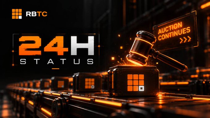A promotional graphic for RBTC featuring a glowing gavel and boxes on a conveyor belt, with text '24H STATUS' and 'AUCTION CONTINUES'.