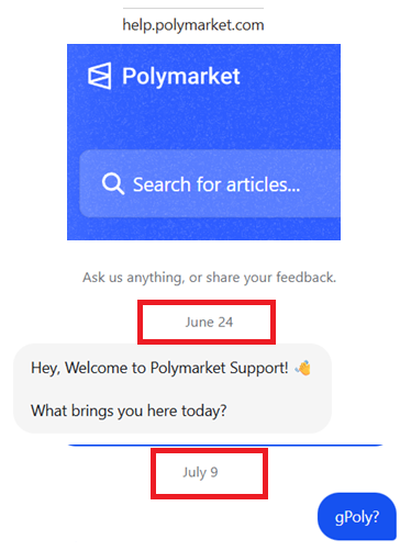 A screenshot of the Polymarket help center chat at help.polymarket.com shows timestamps of June 24 and July 9, illustrating the lengthy wait time before a support reply ("Hey, Welcome to Polymarket Support! What brings you here today?"), highlighting the delayed response issue raised by the gPoly user seeking help with overdue LP rewards.
