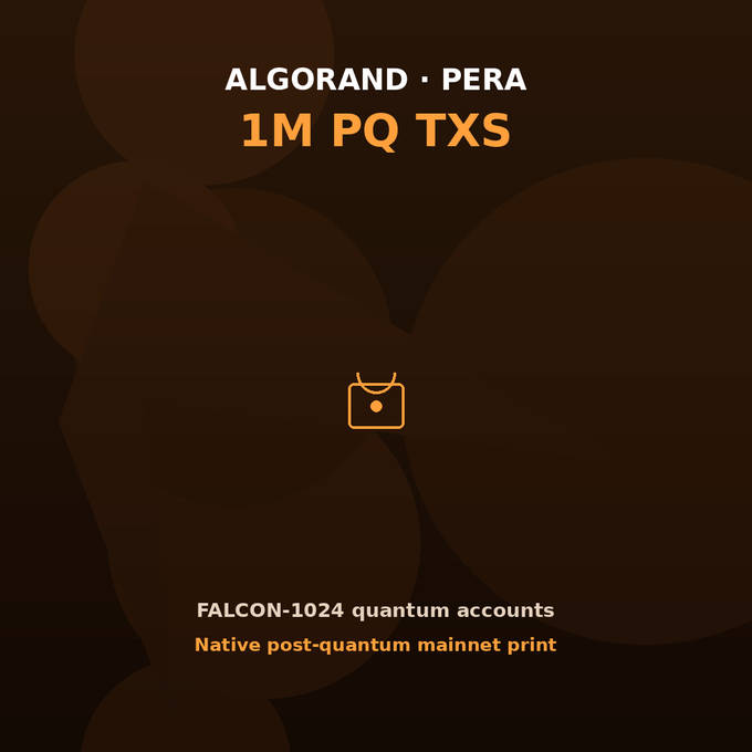 A dark promotional graphic for Algorand and PERA announcing "1M PQ TXS" (post-quantum transactions), noting FALCON-1024 quantum accounts and native post-quantum mainnet print, featuring an orange safe/vault icon.