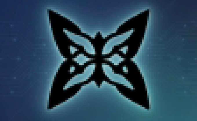 A glowing blue butterfly-shaped emblem or logo with symmetrical wings set against a dark blue digital background with faint code patterns.