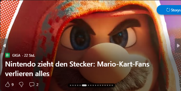 A GIGA news story thumbnail featuring a Mario character with the German headline 'Nintendo zieht den Stecker: Mario-Kart-Fans verlieren alles' (Nintendo pulls the plug: Mario Kart fans lose everything).
