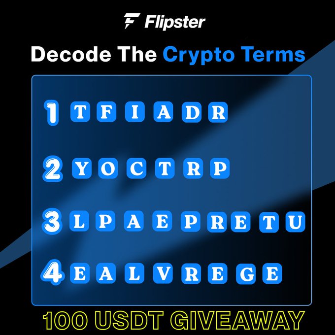 The image shows a Flipster "Decode The Crypto Terms" giveaway puzzle with four scrambled words (TFIADR, YOCTRP, LPAEPRETU, EALVREGE) for a 100 USDT prize celebrating International Literacy Day.