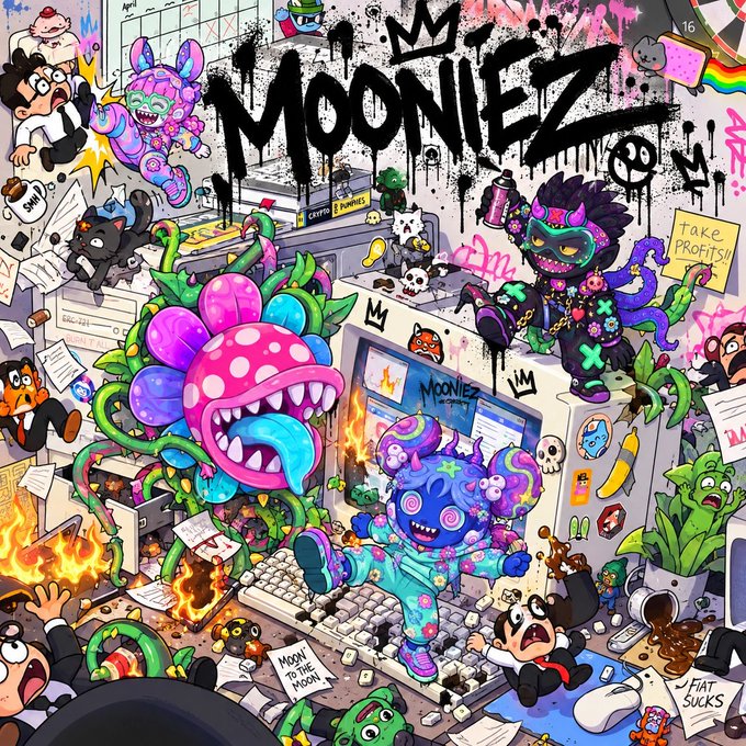 Vibrant graffiti-style NFT artwork titled 'MOONIEZ' featuring colorful cartoon monsters, a pink Venus flytrap creature, and various characters in a chaotic scene with text including 'MOON TO THE MOON,' 'TAKE PROFITS,' and 'FIAT SUCKS' on a computer setup.