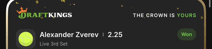 A DraftKings notification banner displays "THE CROWN IS YOURS" and shows a winning bet on Alexander Zverev in the Live 3rd Set with odds of 2.25.