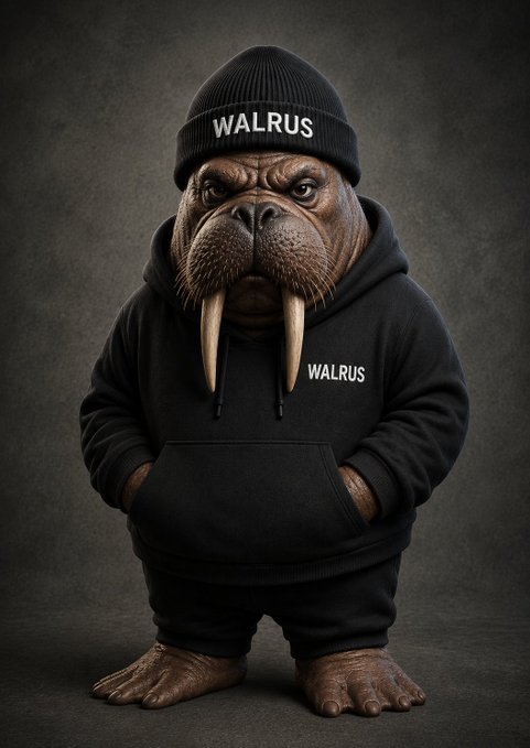 A realistic anthropomorphic walrus wearing a black hoodie and beanie, both branded with 'WALRUS' in white text.