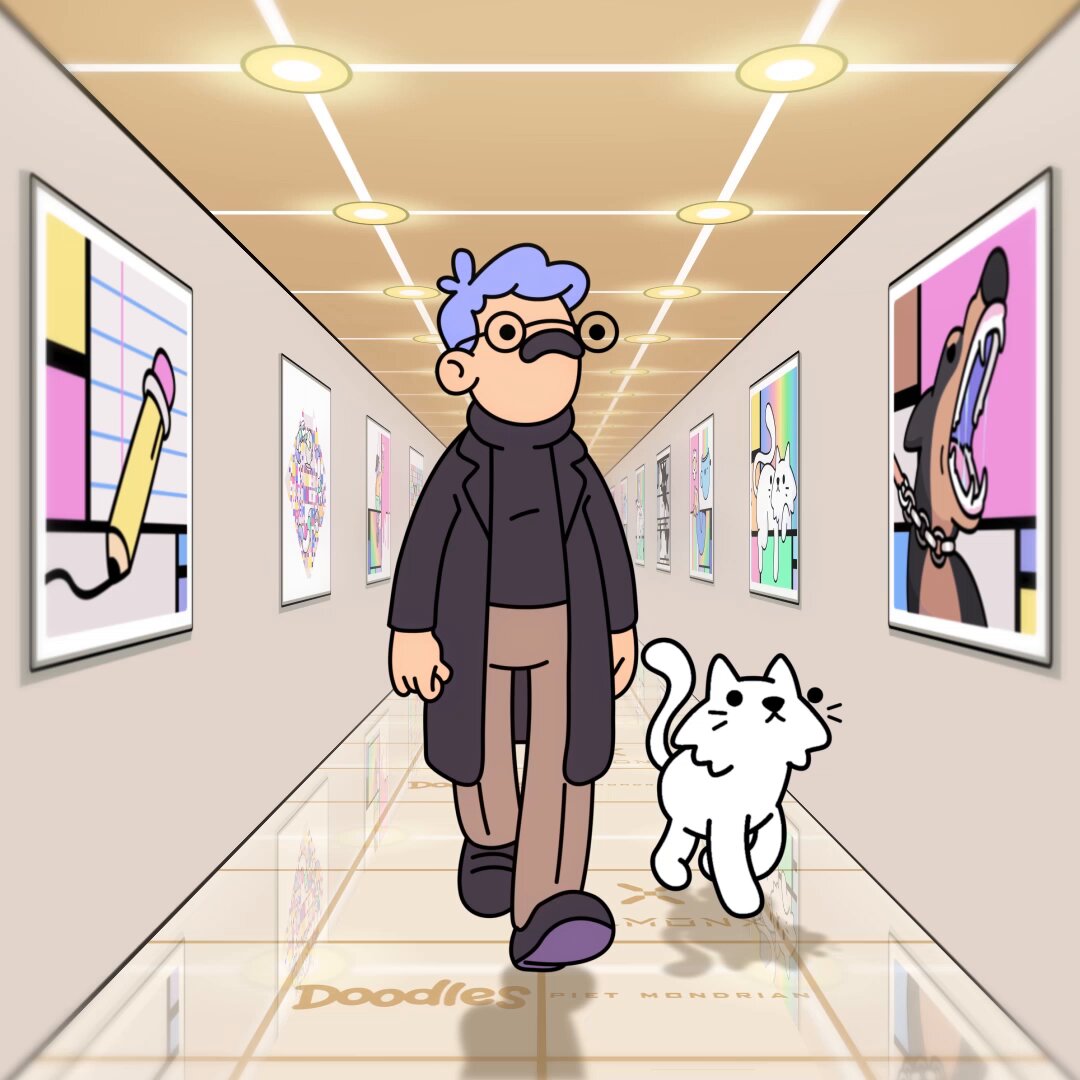 The image shows a man walking down an art gallery hallway with a cat following him, both of them wearing glasses. The hallway has multiple paintings hanging on the walls, including one that says "Mondrian x @Doodles Collector Blind Box is now revealed on @OpenSea". The post also mentions that the collector's box is now available for purchase at 4pm ET and that it is a physical print with an official redemption detail.