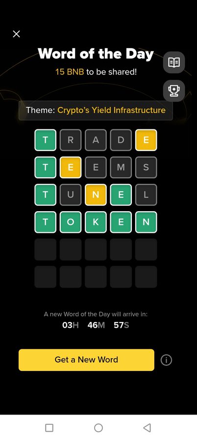 A mobile app screen displaying a 'Word of the Day' game themed 'Crypto's Yield Infrastructure,' showing guessed words like 'TRADE', 'TEMS', 'TUNEL', and 'TOKEN' with a countdown timer.