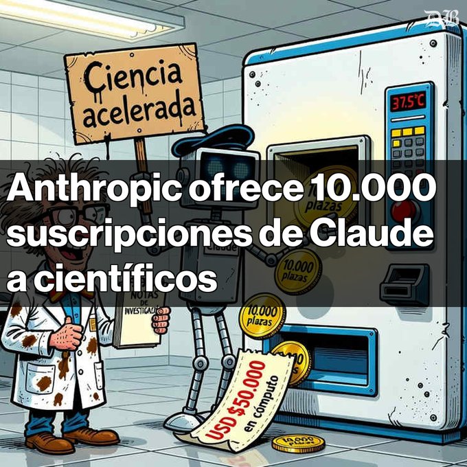 A cartoon illustration of a messy scientist holding a 'Ciencia acelerada' sign and a 'Notas de'investigação' paper stands next to a robot and a vending machine dispensing '10,000 plazas' coins; overlaid Spanish text reads 'Anthropic ofrece 10.000 suscripciones de Claude a científicos'.