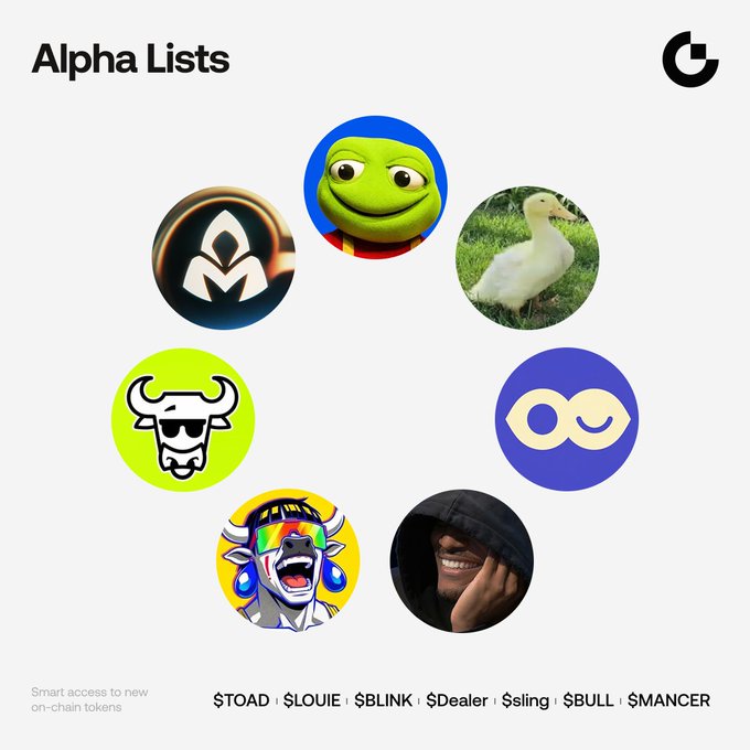 An 'Alpha Lists' promotional graphic featuring six circular token logos including a frog face, duck, bull with sunglasses, infinity symbol, cow, and more, listing tickers: $TOAD, $LOUIE, $BLINK, $Dealer, $ling, $BULL, $MANCER.