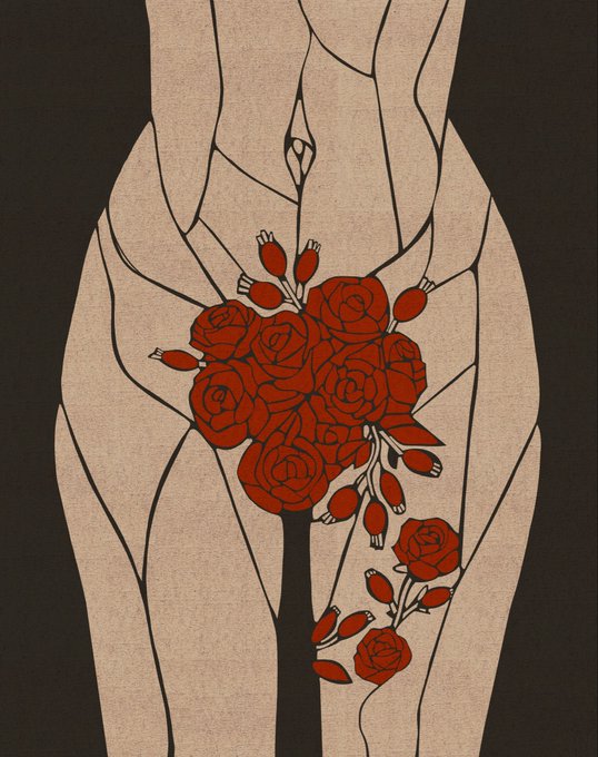 A stylized line drawing depicts a nude female figure from the waist down, with a cluster of red roses and buds emerging from the pelvic area.