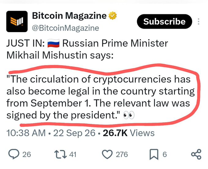A tweet from Bitcoin Magazine (@BitcoinMagazine) reports that Russian Prime Minister Mikhail Mishustin announced cryptocurrencies became legal in Russia starting September 1, with the relevant law signed by the president. The highlighted quote illustrates the global spread of crypto adoption, supporting the post's theme of cryptocurrency gradually circulating worldwide.