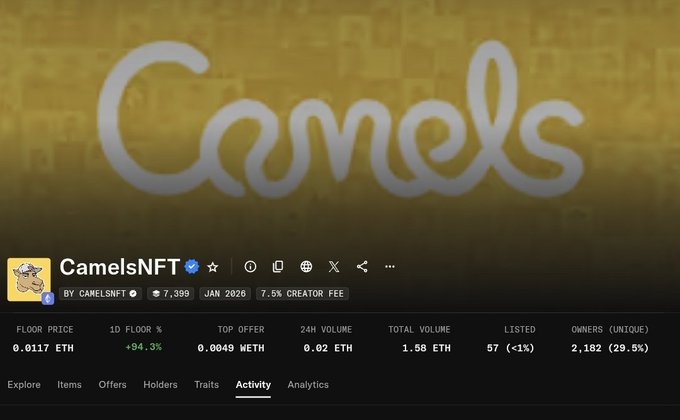 A dashboard for the 'CamelsNFT' collection, showing stats like a floor price of 0.0117 ETH, 24H volume of 0.02 ETH, and 2,182 unique owners.
