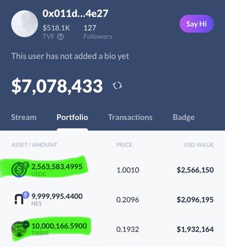 A user's crypto portfolio screenshot showing $7,078,433 total value, with holdings of $2,566,150 in USDC (2,563,583.4995), $2,096,195 in NES (9,999,995.44), and $1,932,164 in TIBBIR (10,000,166.59), highlighting the $2.56M USDC position referenced in the post.