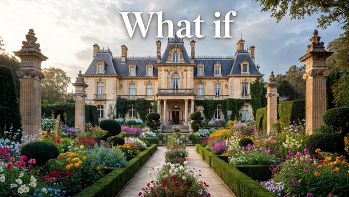 A grand French château with manicured gardens is overlaid with the text "What if," visually echoing the post's "WHAT $IF this hits 1 million" sentiment by inviting viewers to imagine a lavish, aspirational lifestyle tied to a potential market milestone.