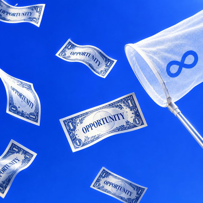 A butterfly net bearing the Meta (∞) logo sweeps through a blue sky filled with floating dollar bills, each prominently labeled "OPPORTUNITY" — visually representing the "bigger net" mentioned in the caption as a metaphor for capitalizing on opportunities within the Meta ecosystem.