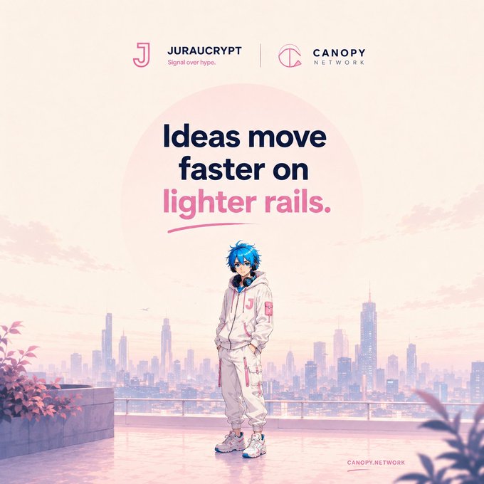 A promotional graphic for JurauCrypt and Canopy Network featuring an anime-style character in white streetwear against a pink cityscape, with the tagline 'Ideas move faster on lighter rails.'
