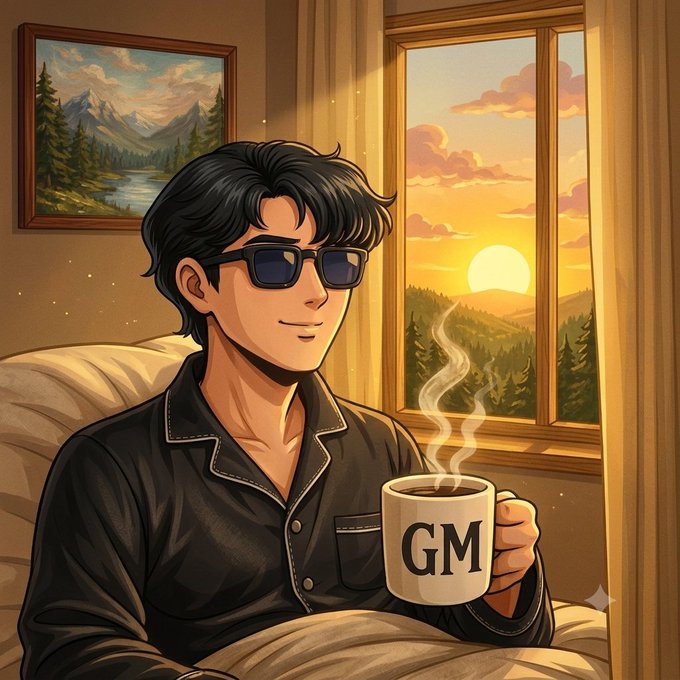 An anime-style illustration of a man with dark hair and sunglasses holding a white mug labeled 'GM' while sitting near a window with a sunset landscape view.