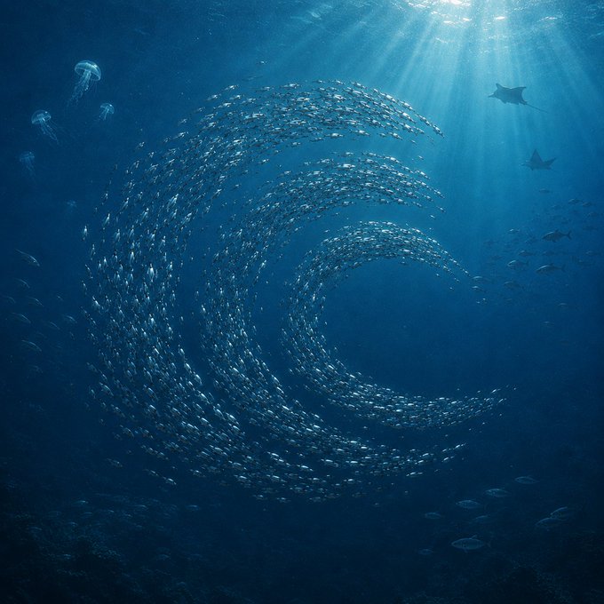A mesmerizing underwater scene featuring a large school of fish forming a swirling vortex pattern, with sunlight rays piercing through the deep blue ocean, accompanied by jellyfish and manta rays in the background.