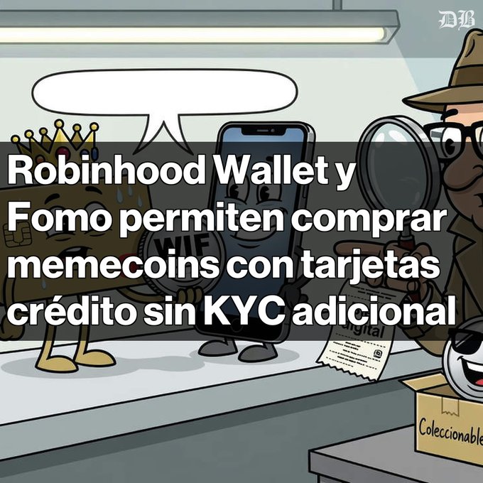 Meme image with characters including a detective, smartphone, and crowned figure, overlaid with Spanish text: 'Robinhood Wallet y Fomo permiten comprar memecoins con tarjetas crédito sin KYC adicional'.