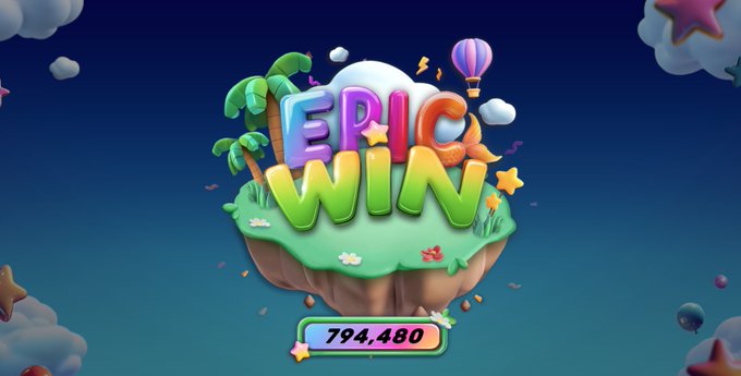 A colorful 3D game title screen for 'EPIC WIN' featuring a floating island with palm trees, a hot air balloon, and stars, with a score display showing 794,480.