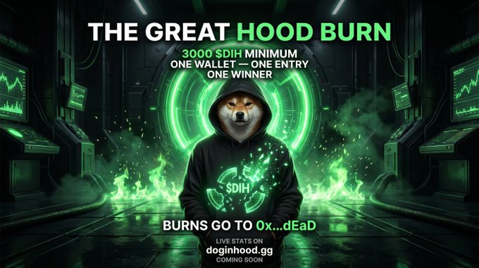 A promotional graphic for "THE GREAT HOOD BURN" featuring a Shiba Inu dog in a hoodie surrounded by green flames, with rules stating a minimum burn of 3,000 $DIH, one wallet per entry, and one winner, directing burns to the address 0x...dEaD and live stats to doginhood.gg.