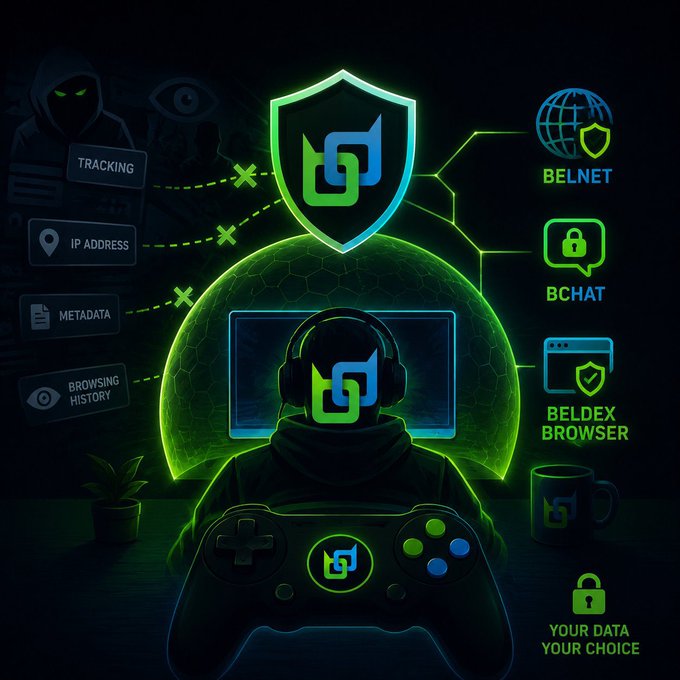The image depicts a hooded figure wearing a headset with an "S" logo at a gaming controller, surrounded by a green dome of protection blocking tracking, IP addresses, metadata, and browsing history, alongside BelNet, BChat, and BelDex Browser icons labeled "Your Data Your Choice." It visually represents the Beldex ecosystem's privacy-focused blockchain tools, illustrating how their suite blocks the data exposure highlighted in the post about public blockchains leaking user information.