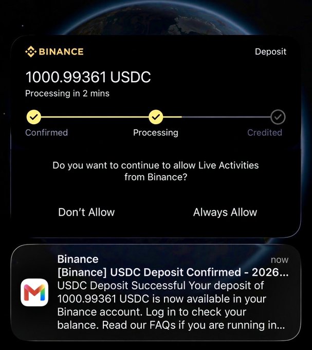 The image shows a Binance notification of a USDC deposit of 1000.99361 being processed, along with an email confirming the deposit was successful. However, the post claims this $1,000 deposit came from "@mattsSol1" as free USDC to be redistributed to followers—a classic giveaway scam pattern designed to lure users into a Telegram channel by faking a screenshot of a large deposit that likely doesn't actually exist or wasn't genuinely received as a gift.
