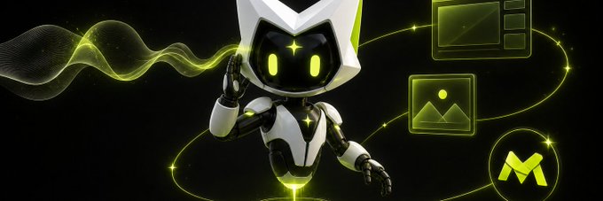 A futuristic robot mascot featuring the "M" logo is surrounded by floating icons representing website building, image generation, and the Merro platform, visually representing Merro's AI-powered tools for autonomous project launches on Robinhood Chain.