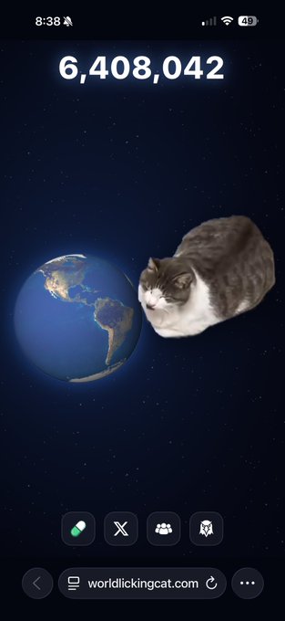 A mobile phone screen shows a view of Earth from space with a cat floating next to it, displaying a count of '6,408,042' and the website 'worldlickingcat.com' at the bottom.