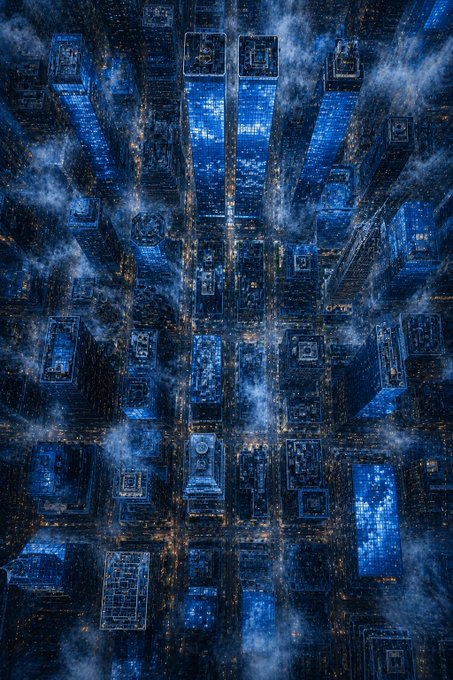 An aerial nighttime view of a dense city with illuminated skyscrapers shrouded in mist or clouds, dominated by deep blue tones.