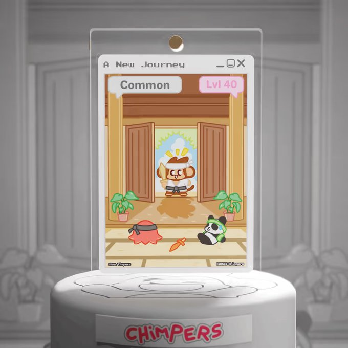 A digital trading card displayed in a clear sleeve on a stand, titled 'A New Journey', depicting a cartoon monkey character with 'Common' and 'Lvl 40' labels, and the 'CHIMPERS' logo at the base.