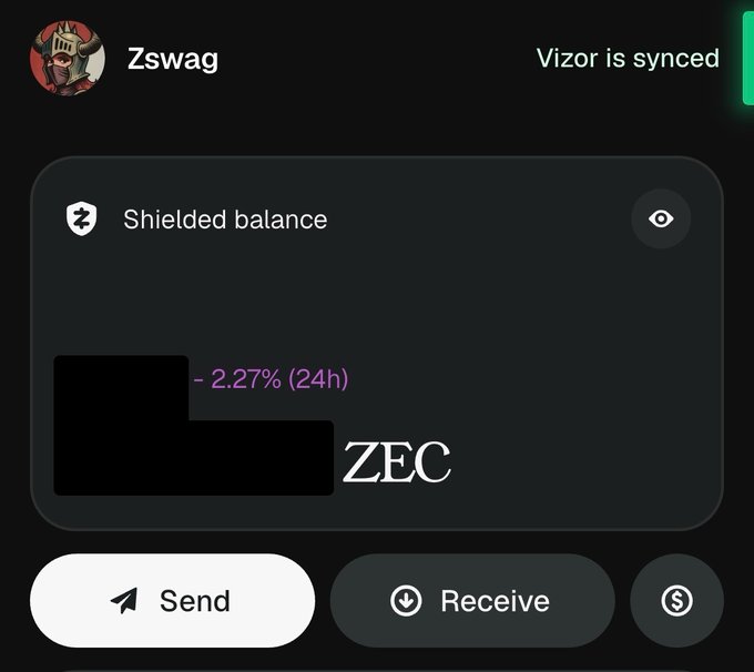 A cryptocurrency wallet interface displays a 'Shielded balance' for 'ZEC' (Zcash) with a 2.27% (24h) change, showing Send and Receive buttons for user 'Zswag'.