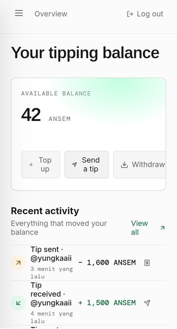 A mobile app screenshot titled 'Your tipping balance' showing an available balance of 42 ANSEM, with buttons for 'Top up,' 'Send a tip,' and 'Withdraw.' The recent activity section lists a tip sent to @yungkaai (-1,600 ANSEM) and a tip received from @yungkaai (+1,500 ANSEM).