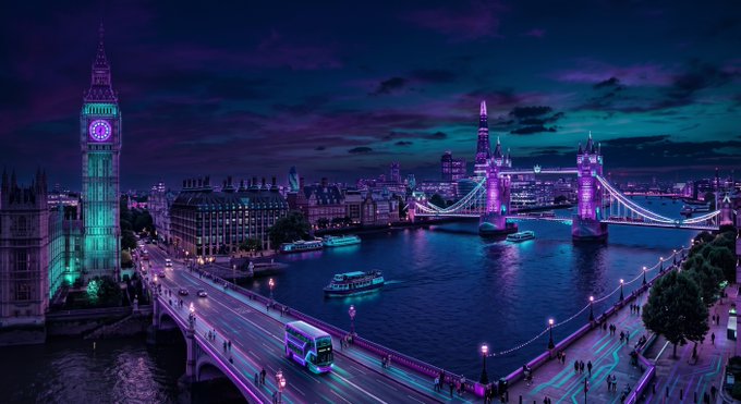 A neon-lit, stylized nighttime cityscape of London featuring Big Ben, Tower Bridge, and the River Thames in vibrant teal and purple hues.