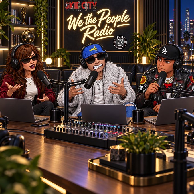 An animated illustration of a radio show studio featuring three hosts with microphones and laptops under a "SKILLCTV We the People Radio" neon sign.