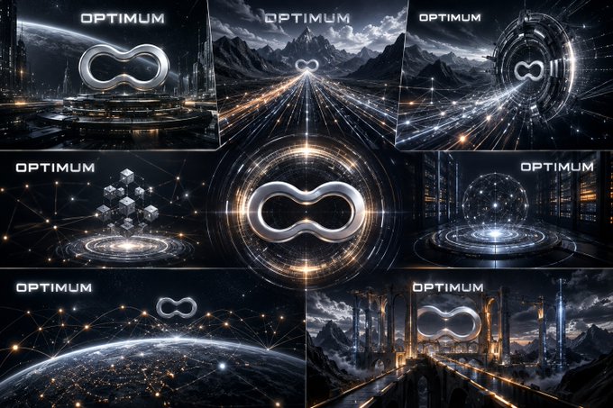 A collage of seven futuristic, sci-fi themed graphics featuring the "OPTIMUM" brand and an infinity-loop logo against cosmic and technological backgrounds.