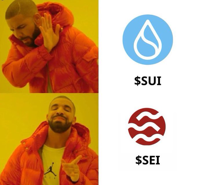 A Drake meme rejecting $SUI (top) and approving $SEI (bottom), featuring their respective cryptocurrency logos.