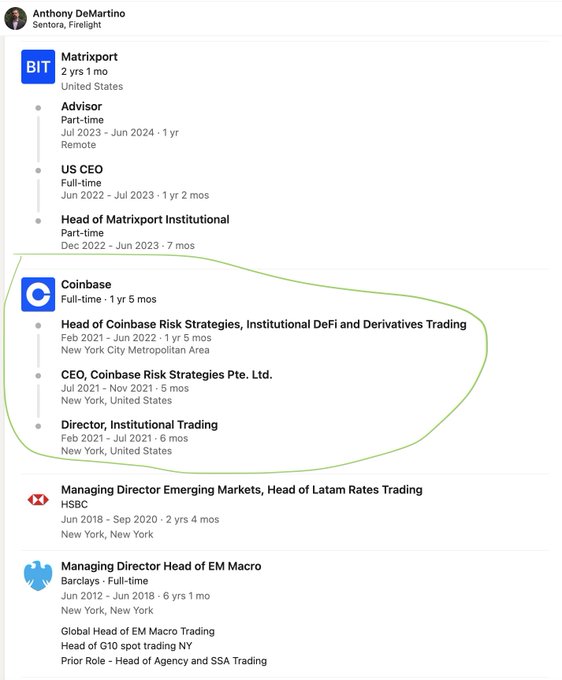 A LinkedIn profile for Anthony DeMartino (Sentora, Firelight) showing work history, with a green circle highlighting his Coinbase tenure including roles as Head of Coinbase Risk Strategies, CEO, and Director of Institutional Trading.