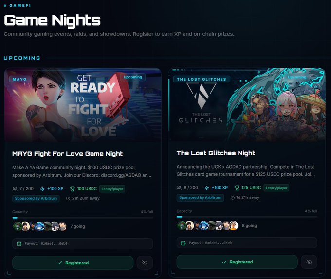 GameFi platform showing upcoming Game Nights events: "MAY6 Fight For Love Game Night" with $100 USDC prize pool and "The Lost Glitches Night" with $125 USDC prize pool, both sponsored by Arbitrum.