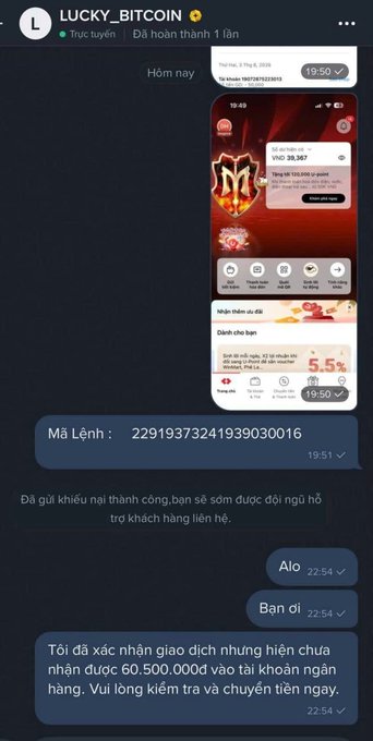 A Telegram chat screenshot in Vietnamese for 'LUCKY_BITCOIN' showing a scam exchange conversation where a user asks for help after sending money but not receiving the 60,500,000 VND.