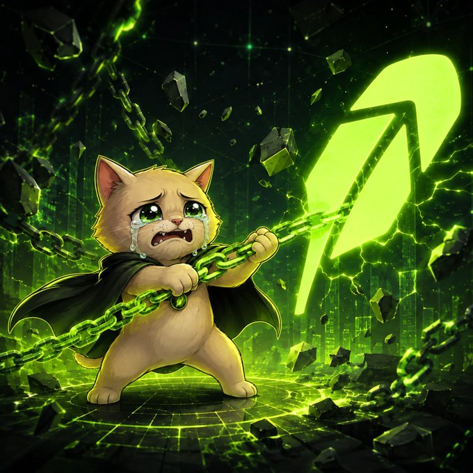 A tearful kitten hero struggles to hold onto a glowing green chain against a chaotic, apocalyptic backdrop. The vivid chain and dramatic scene visually reinforce the message "don't fade the chain," symbolizing resilience and refusing to give up despite overwhelming odds.
