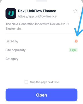 A mobile app prompt screen for 'Dex | UnitFlow Finance' at https://app.unitflow.finance, described as 'The Next Generation Innovative Dex on Arc L1 Blockchain,' with a blue arrow pointing to the 'Listed by' field.