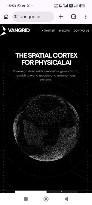A mobile screenshot of vangrid.io displaying 'THE SPATIAL CORTEX FOR PHYSICAL AI' as a headline, describing it as a 'Sovereign data rail for real-time ground truth, enabling world models and autonomous systems,' with a digital globe graphic.